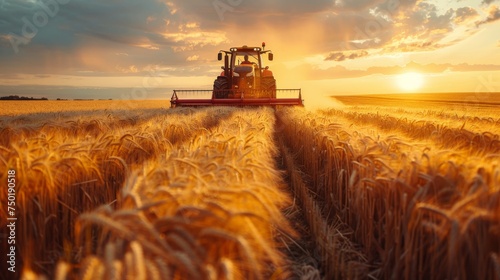 A tractor driver harvesting crops, with fields of golden wheat stretching out to the horizon and the driver silhouetted against the setting sun