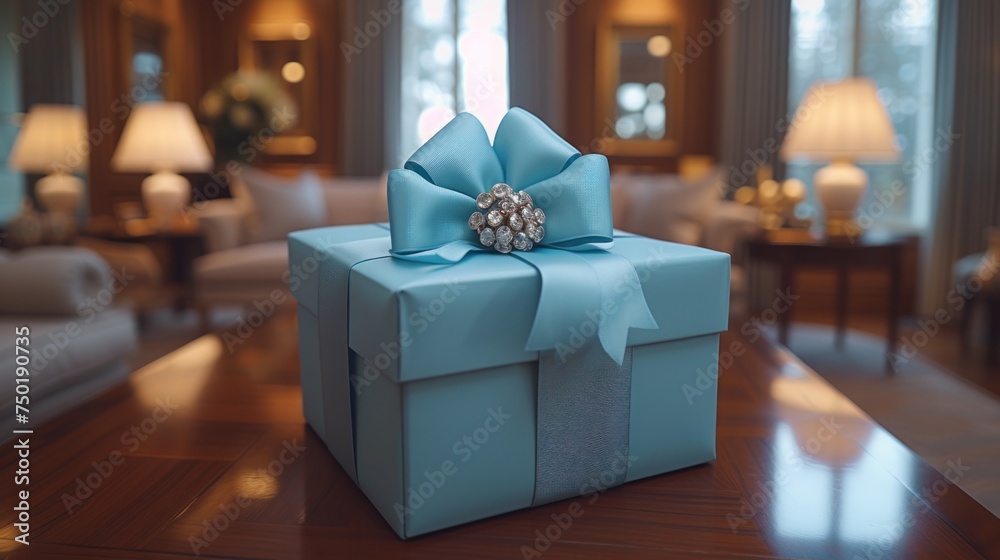  a blue gift box sitting on top of a wooden table in front of a living room filled with couches and a table with lamps on top of a wooden floor. - obrazy, fototapety, plakaty 