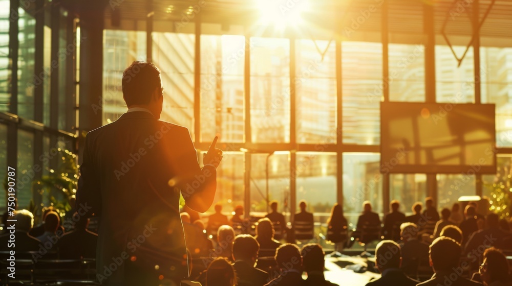 Backlit silhouette of a professional delivering a business presentation against the setting sun in a corporate environment.