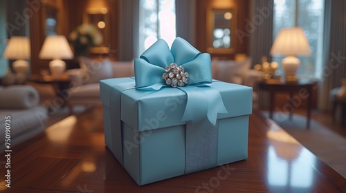  a blue gift box sitting on top of a wooden table in front of a living room filled with couches and a table with lamps on top of a wooden floor. photo