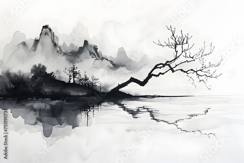 Ink Wash Painting of Misty Mountains.