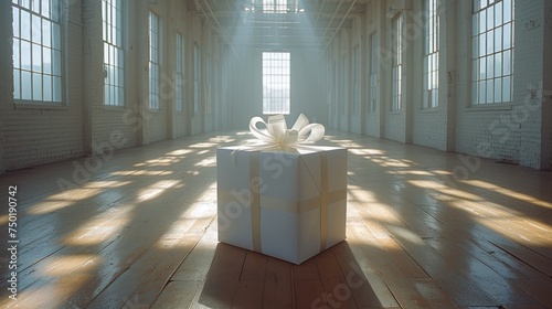  a large white box with a bow on top of it on a wooden floor in a room with large windows and a beam of light coming from the top of the box. photo