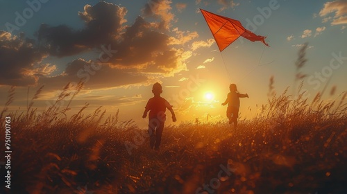 Children Running with Kite at Sunset in Field.