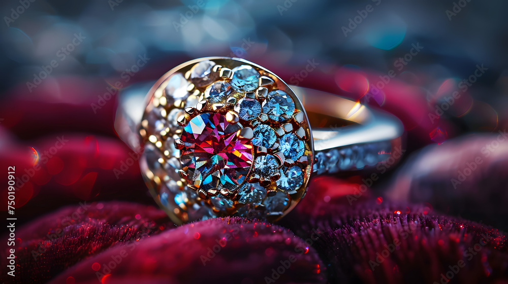 A stunning close-up shot of a ring sparkling brilliantly against a plush, dark velvet backdrop. The image perfectly captures the radiance and luxury associated with high-end jewelry. A stunning close-up shot of a ring sparkling brilliantly against a plush, dark velvet backdrop. The image perfectly captures the radiance and luxury associated with high-end jewelry.