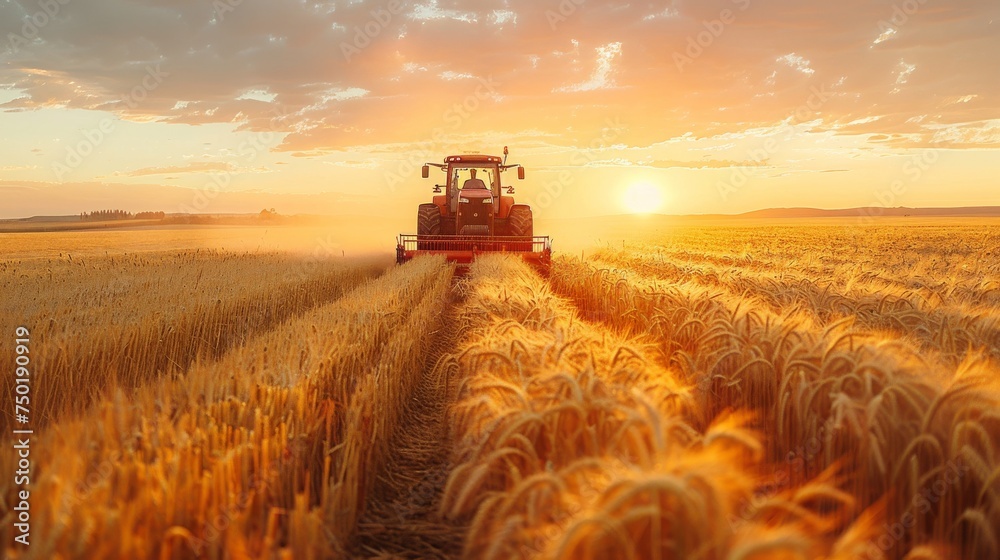 Obraz premium A tractor driver harvesting crops, with fields of golden wheat stretching out to the horizon and the driver silhouetted against the setting sun