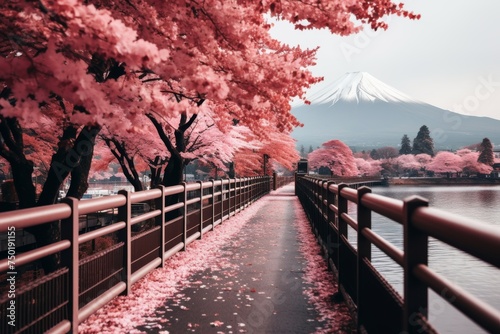 Breathtaking autumn colors of mount fuji with morning mist at lake kawaguchiko, japan