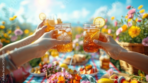 a picnic table, with friends clinking mason jar glasses filled with lemonade ...