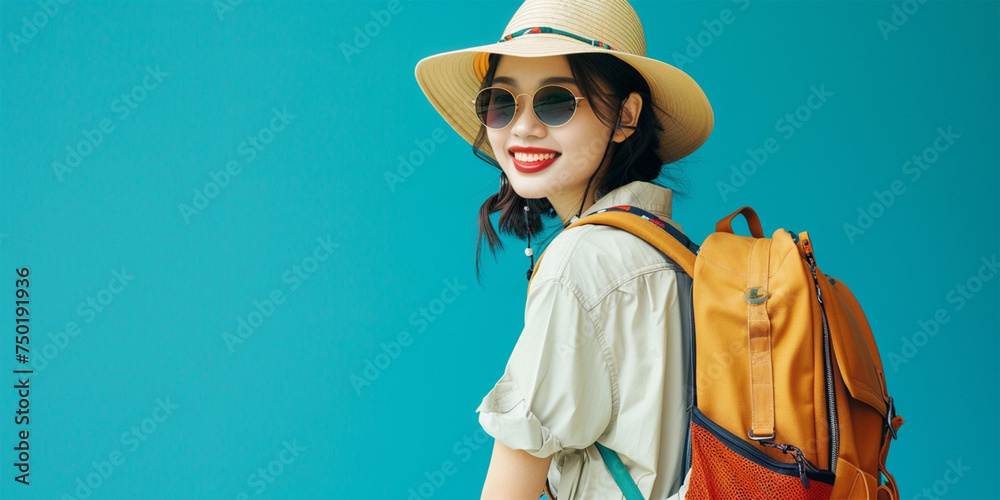 Φωτογραφία a young Asian tourist woman beams beneath her stylish sun hat, radiating joy and excitement for her adventure