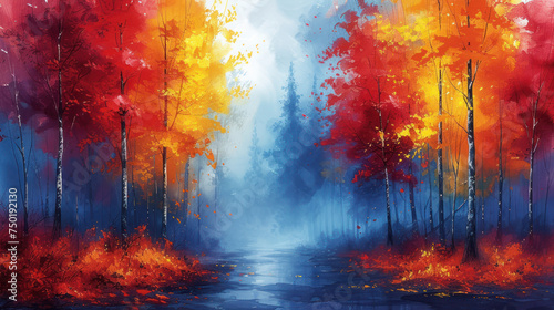  a painting of a blue and red forest with a stream of water running through the middle of the forest, with red and yellow trees on either side of the path.