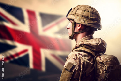 Powerful portrait of a soldier proudly standing against a backdrop adorned with the United Kingdom flag