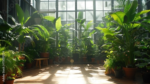  a room filled with lots of potted plants in front of a large window with lots of sunlight coming through the windows on the side of the wall and floor to the other side of the room. © Nadia