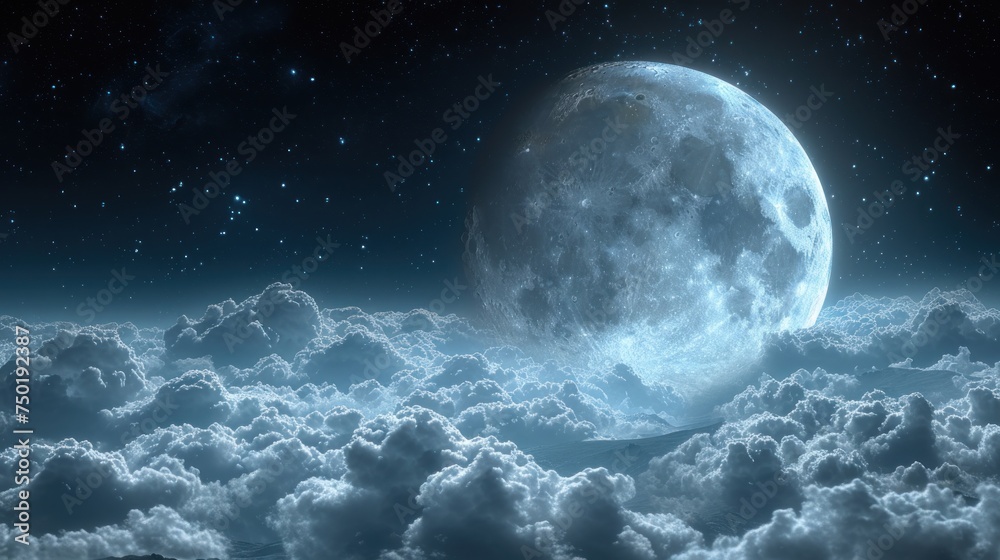  a view of a full moon in the sky above the clouds of a mountain range in the foreground is a dark blue sky with a few stars and a few clouds in the foreground.