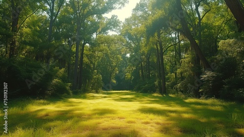  the sun shines through the trees in a forest filled with lush green grass and tall, thin, thin, thin, and thin trees in the foreground.