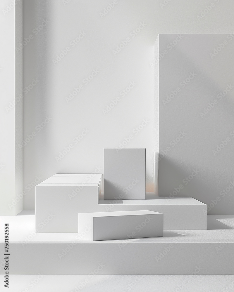 Rendering 3d di forme di  rettangoli geometrici bianchi per l'esposizione di prodotto, sfondo bianco high tech minimalista