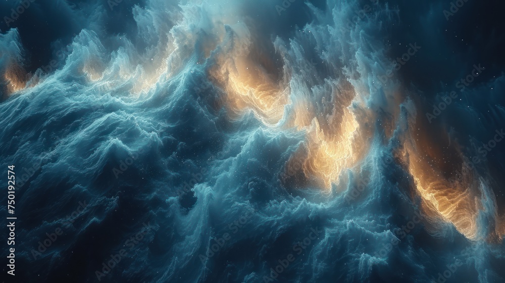  a computer generated image of a wave in the ocean with a lot of clouds in the sky and a star in the middle of the ocean, with a bright yellow light at the top of the wave.