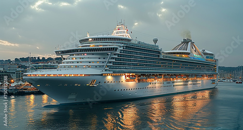 The morning view of a cruise ship docked in port, travel and cruise holiday concept