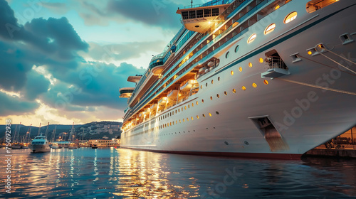 The morning view of a cruise ship docked in port, travel and cruise holiday concept