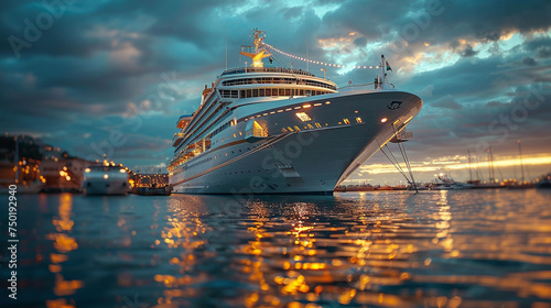 The morning view of a cruise ship docked in port, travel and cruise holiday concept