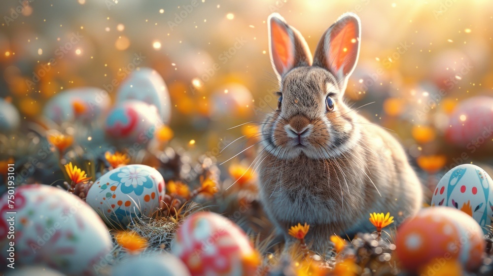 Easter bunny in a meadow with decorated flowers and colorful eggs Easter bunny in a meadow with decorated flowers and colorful eggs