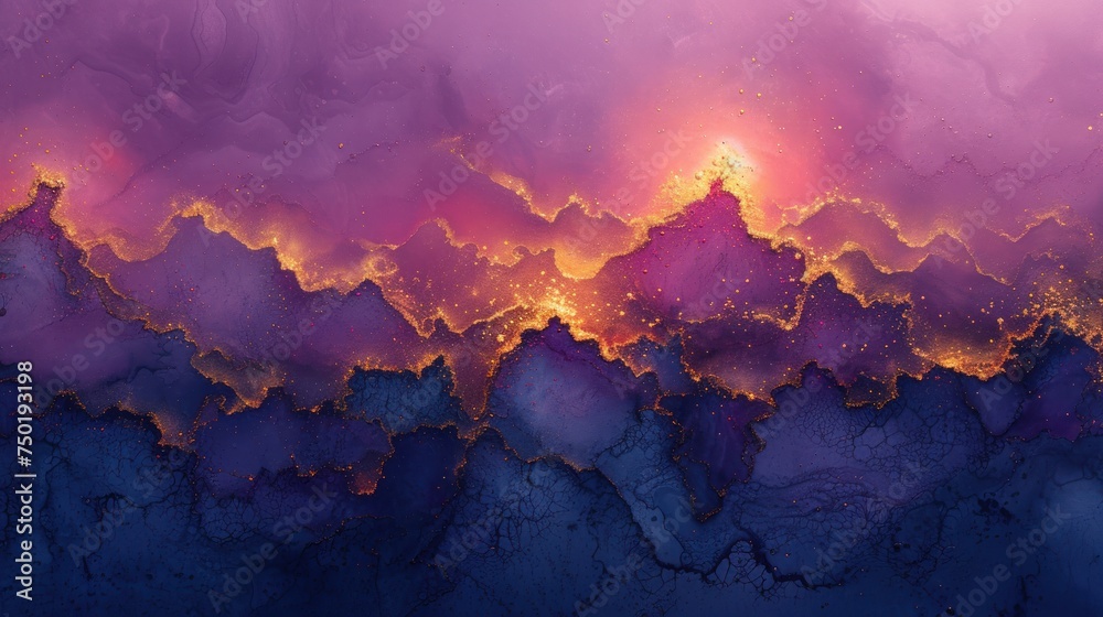  a painting of purple and yellow clouds with a red light in the middle of the picture and a yellow light in the middle of the middle of the picture on the top of the picture.