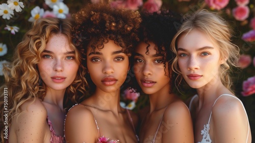 Portrait of diverse group of beautiful young women looking at camera, with flower decorations