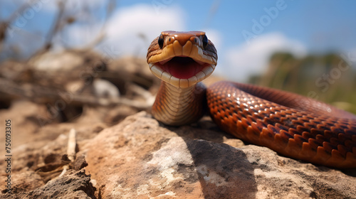 Hissing Brown Snake: A Close-up View on Rocky Terrain - The Alluring yet Dangerous Beauty of Nature © Mamie