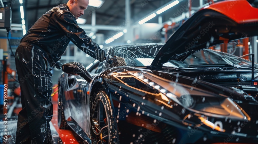 Obraz premium A skilled worker meticulously cleaning and polishing a luxury sports car in a high-tech auto detailing workshop.