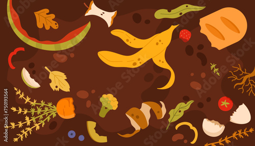 Soil with biodegradable organic waste for compost. Ground dirt with heap of leftovers, vegetables, plants and fruits, recycling kitchen garbage for eating by earthworms cartoon vector illustration