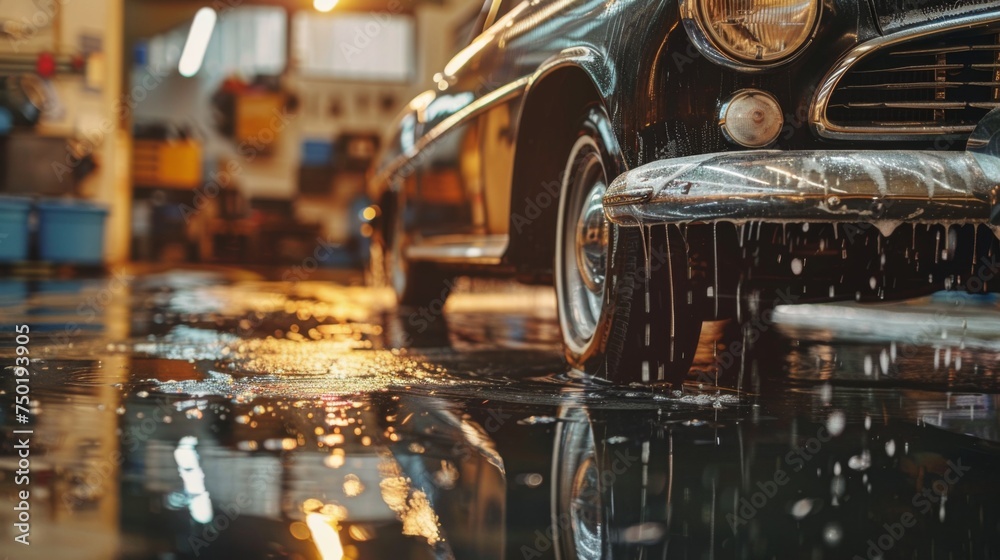 Close-up of a classic car being washed, highlighting the detailed cleaning and care of vintage automobiles. - obrazy, fototapety, plakaty 