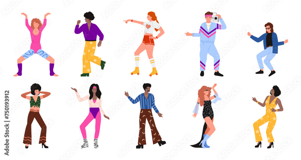 People dance on disco party set. Male and female characters dancing to music in 1970s and 1980s style, collection of happy dancers in retro clothes and with tape recorder cartoon vector illustration