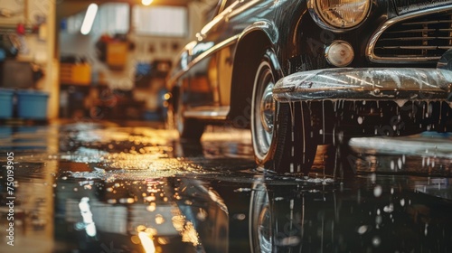 Close-up of a classic car being washed, highlighting the detailed cleaning and care of vintage automobiles. © Victoriia