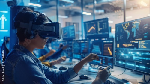 Focused professional immersed in a virtual reality experience in a modern high-tech office environment with glowing screens and advanced equipment.