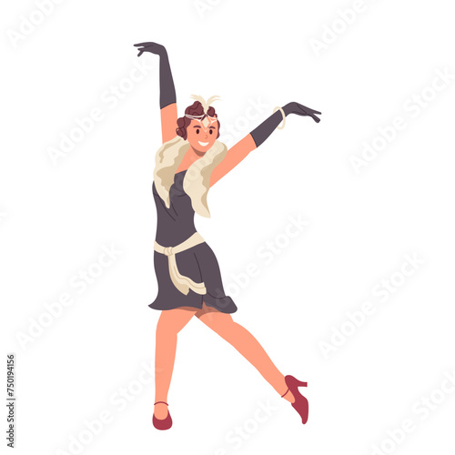 Elegant happy woman cartoon character wearing luxury dress with fur dancing isolated on white