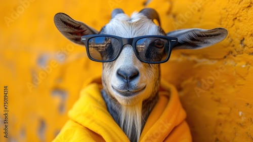  a goat wearing glasses and a yellow hoodie with a yellow wall in the background and a yellow wall in the foreground, and a yellow wall in the background.