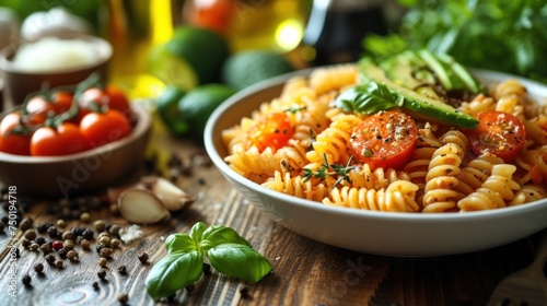  a close up of a bowl of pasta on a table with tomatoes, peppers, onions, garlic, pepperoni, and other vegetables on the side of the bowl.