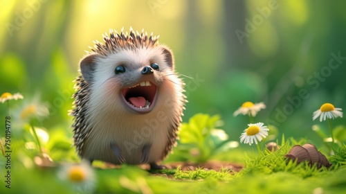  a hedgehog with its mouth open standing in a field of grass and daisies, with its mouth open wide open, with its mouth wide open wide open.