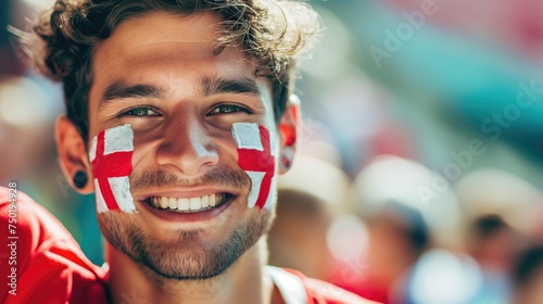 Football fan with england flag on the face at the stadium. Concept of 2024 UEFA European Football Championship 