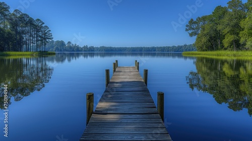  a dock that is sitting in the middle of a body of water with trees on both sides of it and a body of water in the middle of water behind it.