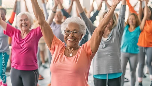 A group of older women engaging in yoga poses and stretches in a gym setting photo