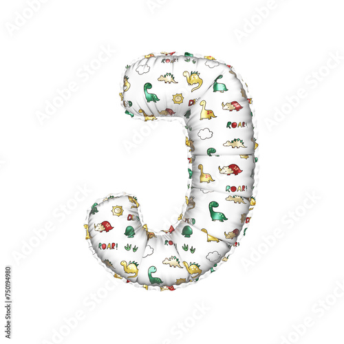3D inflated balloon letter J with multicolored matte white textured dinosaurus design for children