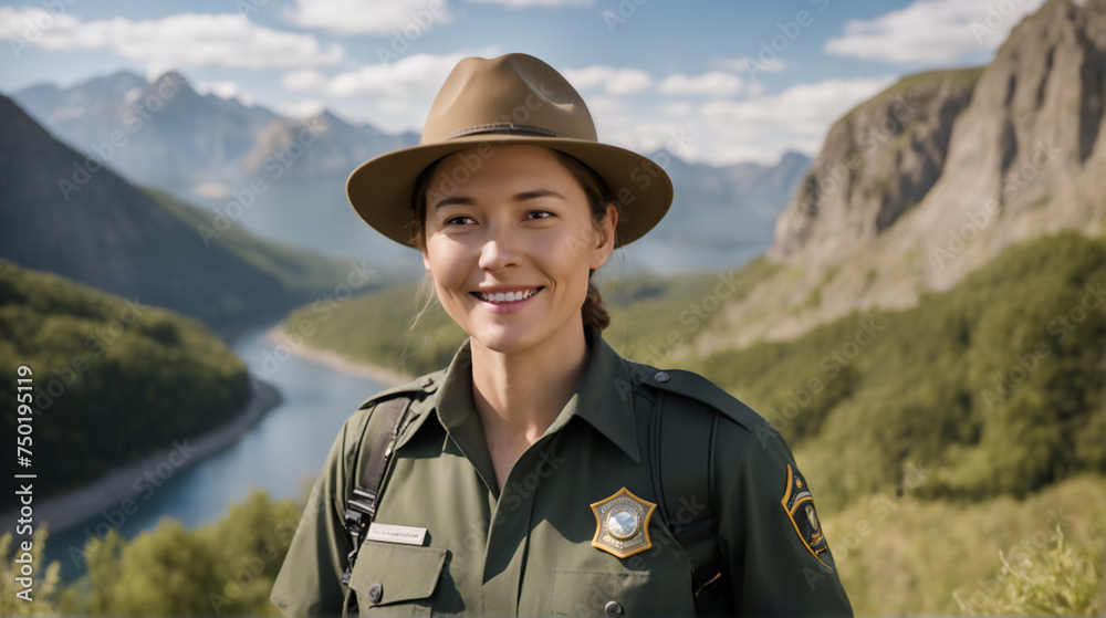 Portrait of a female park ranger on a hill - Generative AI