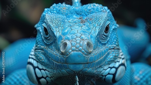  a close up of a blue iguana s face with a lot of other blue iguanas in the background in the foreground and a blurry background.