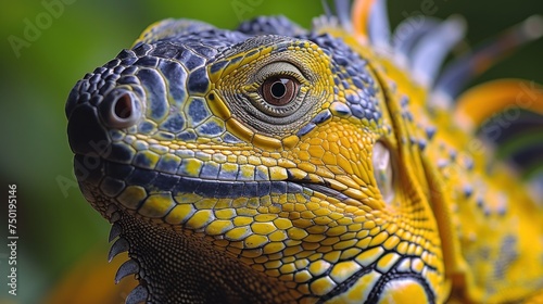  a close - up of a yellow and blue lizard's head with a black and yellow stripe on it's chest and a blurry background of green leaves. © Nadia