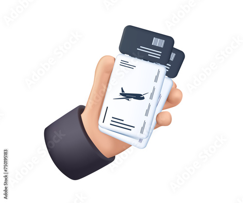 Two air flight tickets, boarding passes in hand, 3D illustration. Tourist, passenger holding checkin papers for airline, airplane travel, showing for checking. 3D vector illustration isolated on white