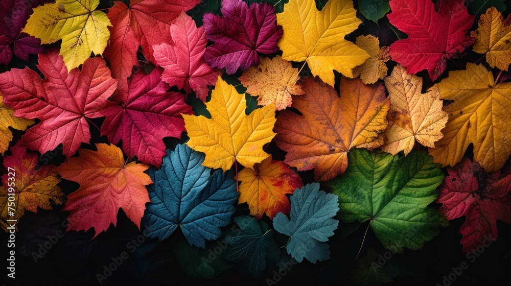  a group of multicolored leaves on a black background with a green, yellow, red, orange, and green leaf in the middle of the top right corner.