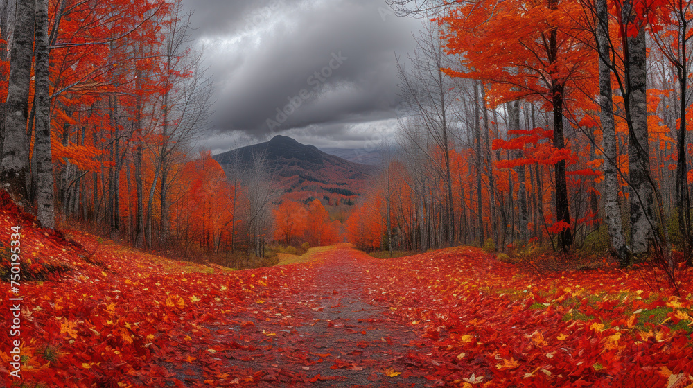  a road in the middle of a forest with red leaves on the ground and a mountain in the distance with a dark cloud in the sky overcast sky above.