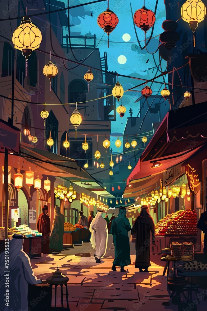 a banquet of Ramadan cultural delicacies, anime style illustration