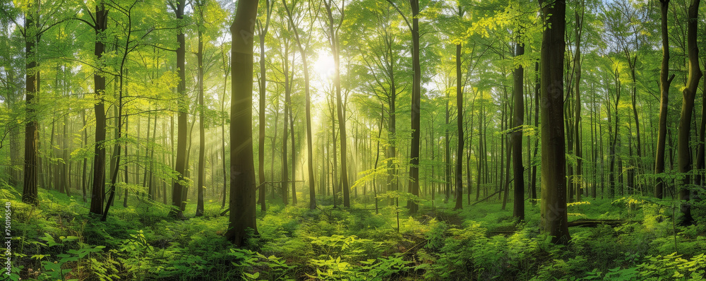 Ethereal Dawn Light Streaming Through a Lush Forest Canopy Ethereal Dawn Light Streaming Through a Lush Forest Canopy