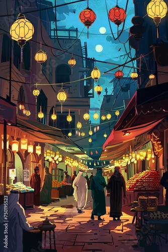 a banquet of Ramadan cultural delicacies, anime style illustration
