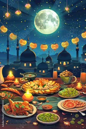 a banquet of Ramadan cultural delicacies, anime style illustration